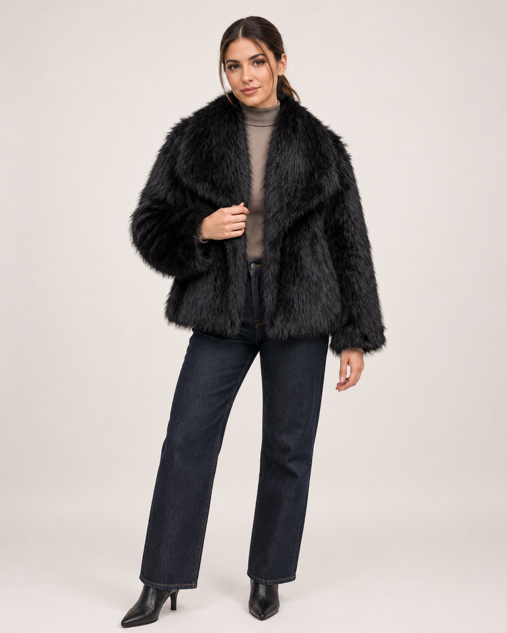 Women’s black faux fur jacket front hero view