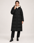 Women’s black long puffer coat fully closed front hero view