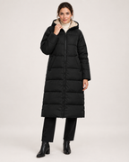 Women’s black long puffer coat fully closed front hero view