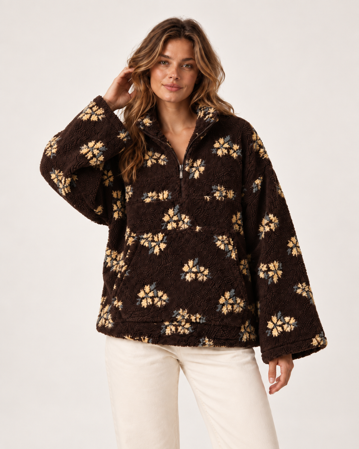 Women’s borg jacket with floral pattern and half zip front model view