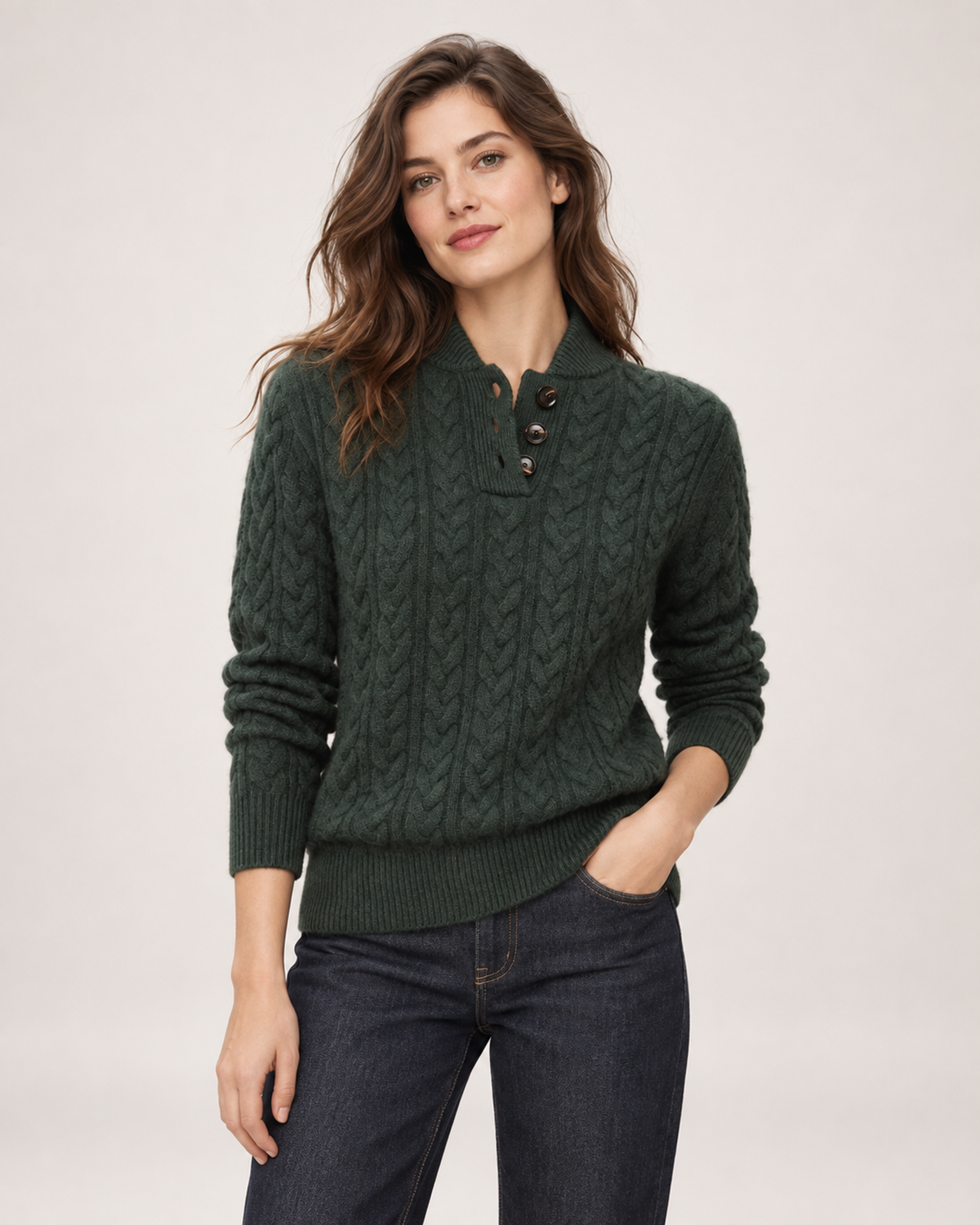 Women’s green cable knit jumper front view