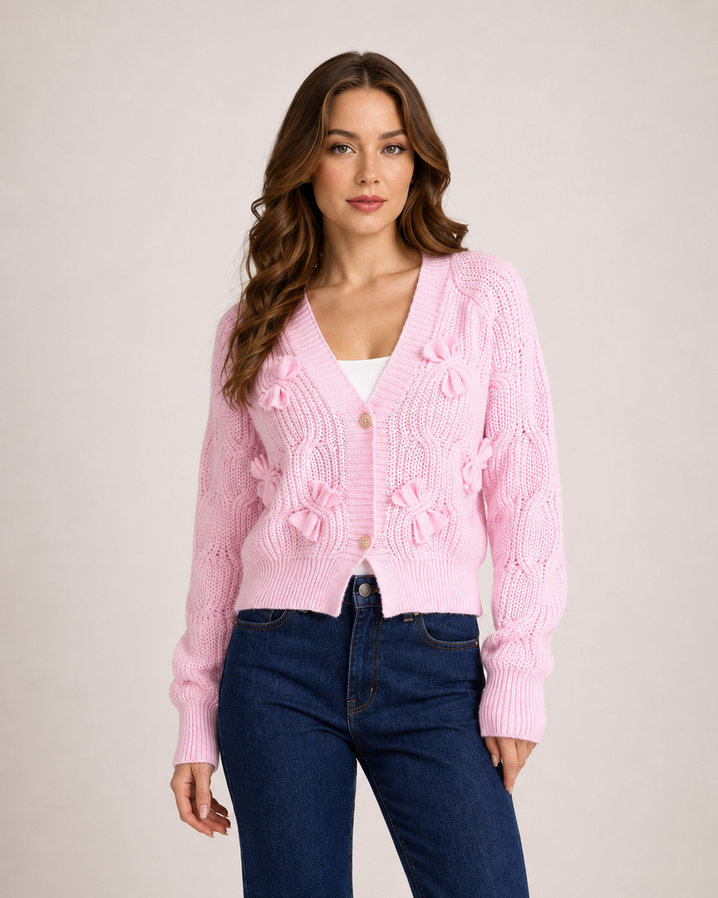 Women’s pink bow cardigan front view
