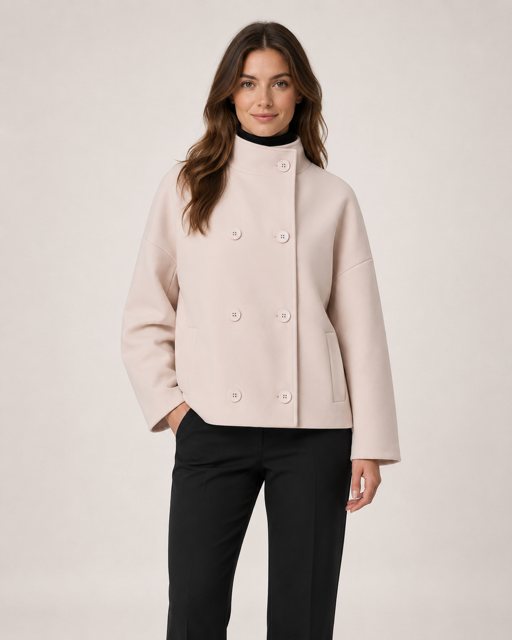 Women’s pink funnel neck coat front view
