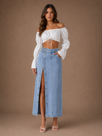 Women's High Waist Button Front Denim Midi Skirt