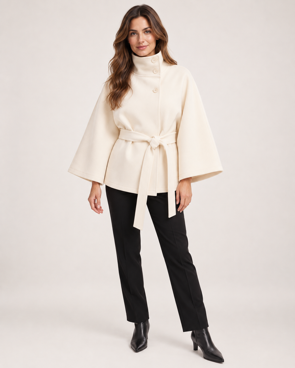 Women’s Cape Coat with Funnel Neck and Belt in Apricot, lower body product focus view