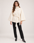 Women’s Cape Coat with Funnel Neck and Belt in Apricot, lower body product focus view