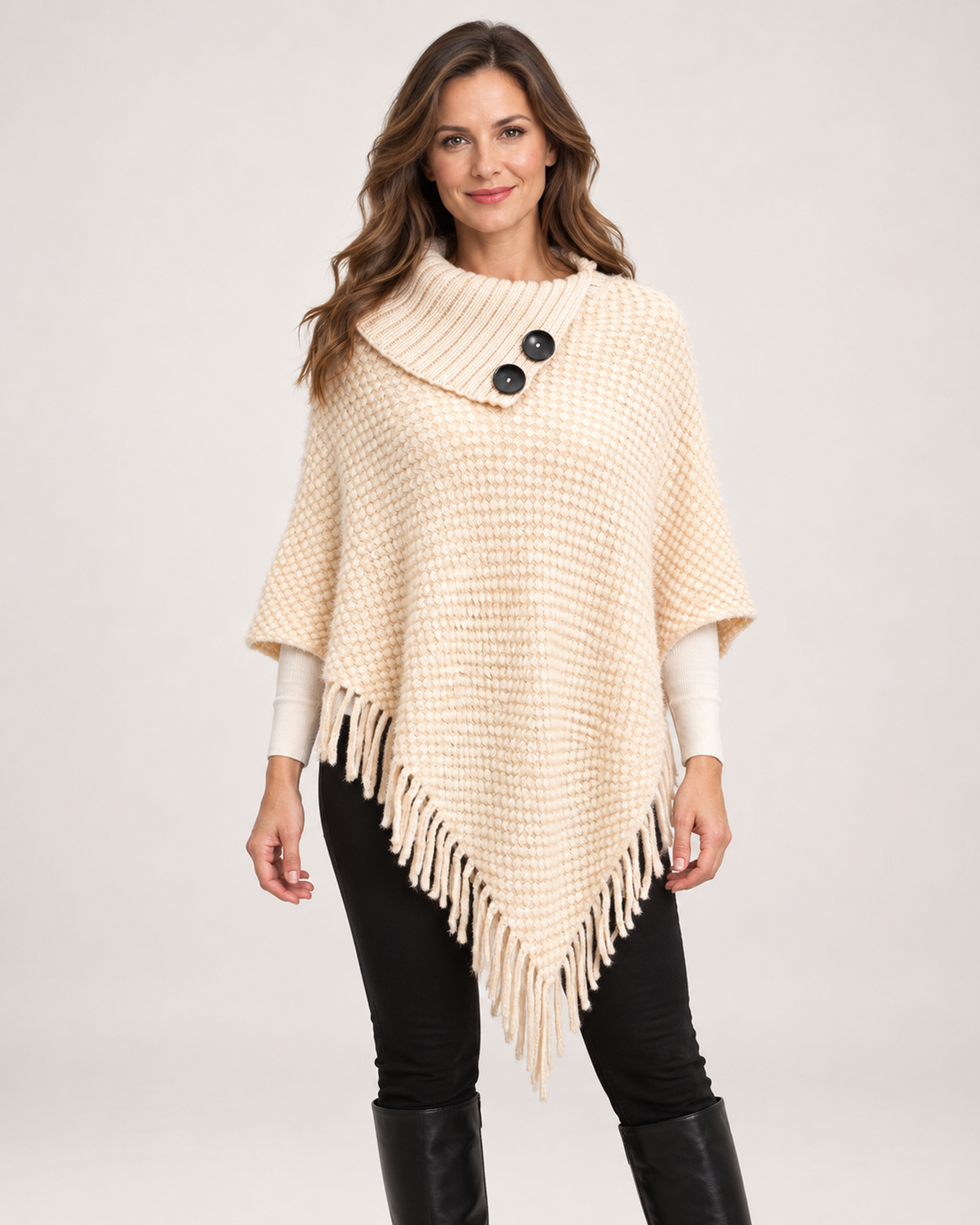 Women’s Poncho with High Neck and Button Detail in Apricot, upper body product focus view