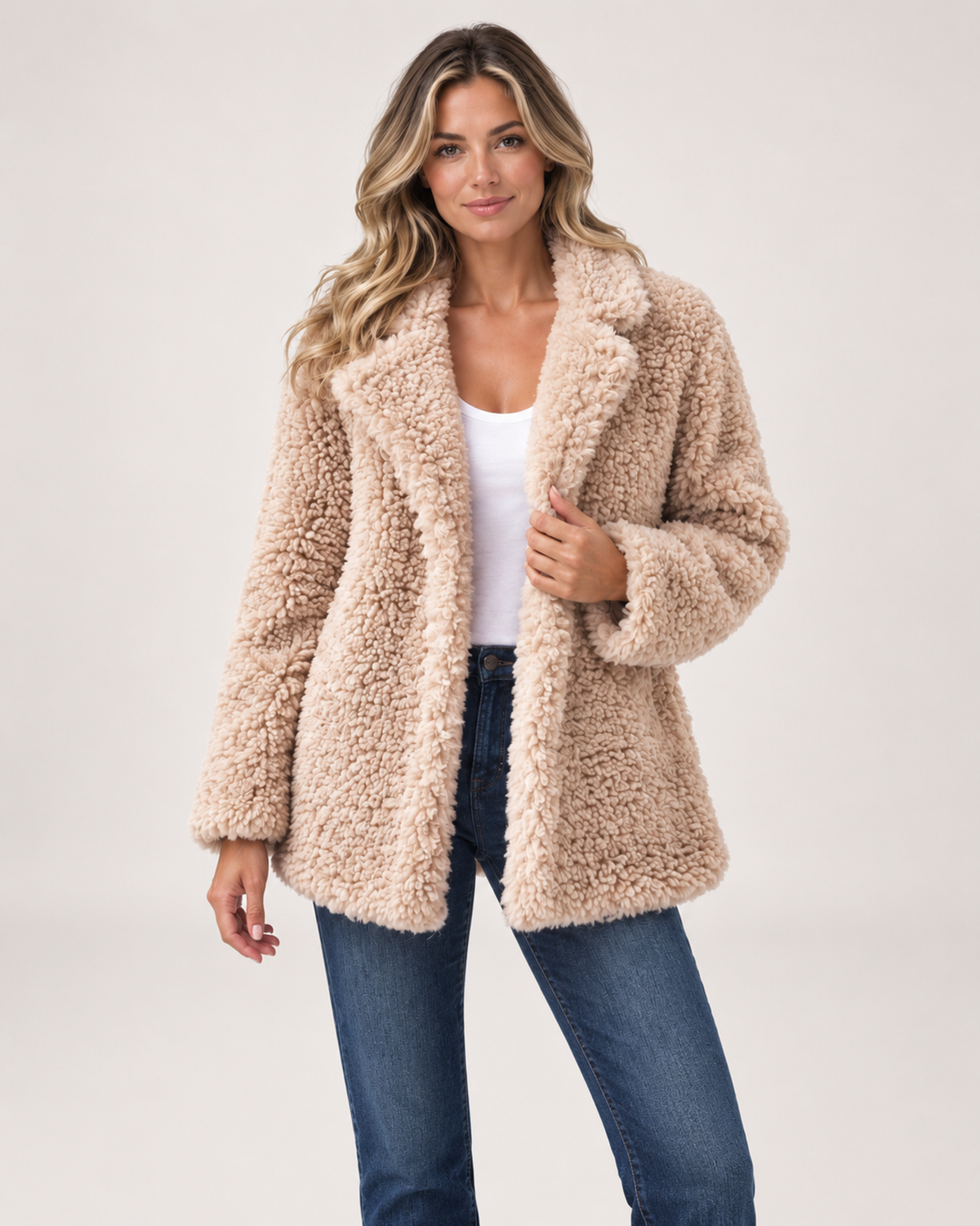 Women’s Teddy Coat with Wide Lapel Collar in Apricot, short outerwear product focus view