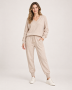 Women’s Loungewear Set with V-Neck Top and Joggers in Apricot, full body view