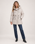 Women's Padded Coat with Hood and Drawstring Waist beige front view