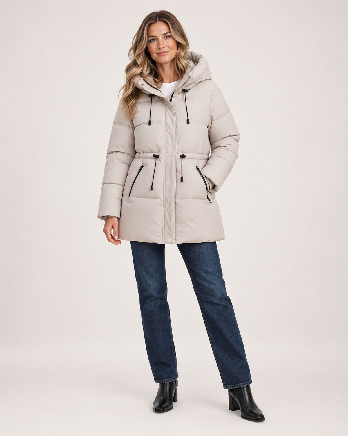 Women's Padded Coat with Hood and Drawstring Waist beige front view