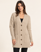 Women's beige cable knit button front coatigan front view