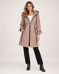 Women's Raincoat with Hood, Checked Trim and Belt beige front view