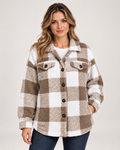 Women's Fleece Jacket with Checked Pattern and Button Front beige front view