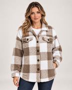 Women's Fleece Jacket with Checked Pattern and Button Front beige front view