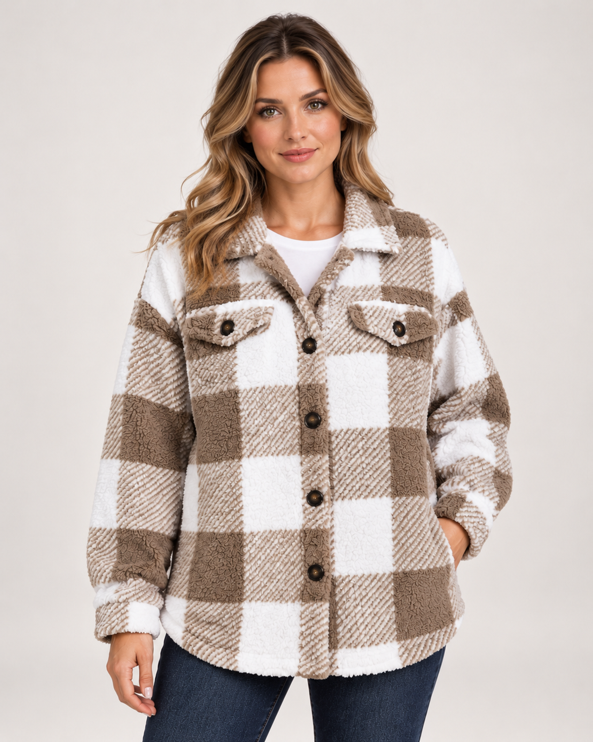 Women's Fleece Jacket with Checked Pattern and Button Front beige front view