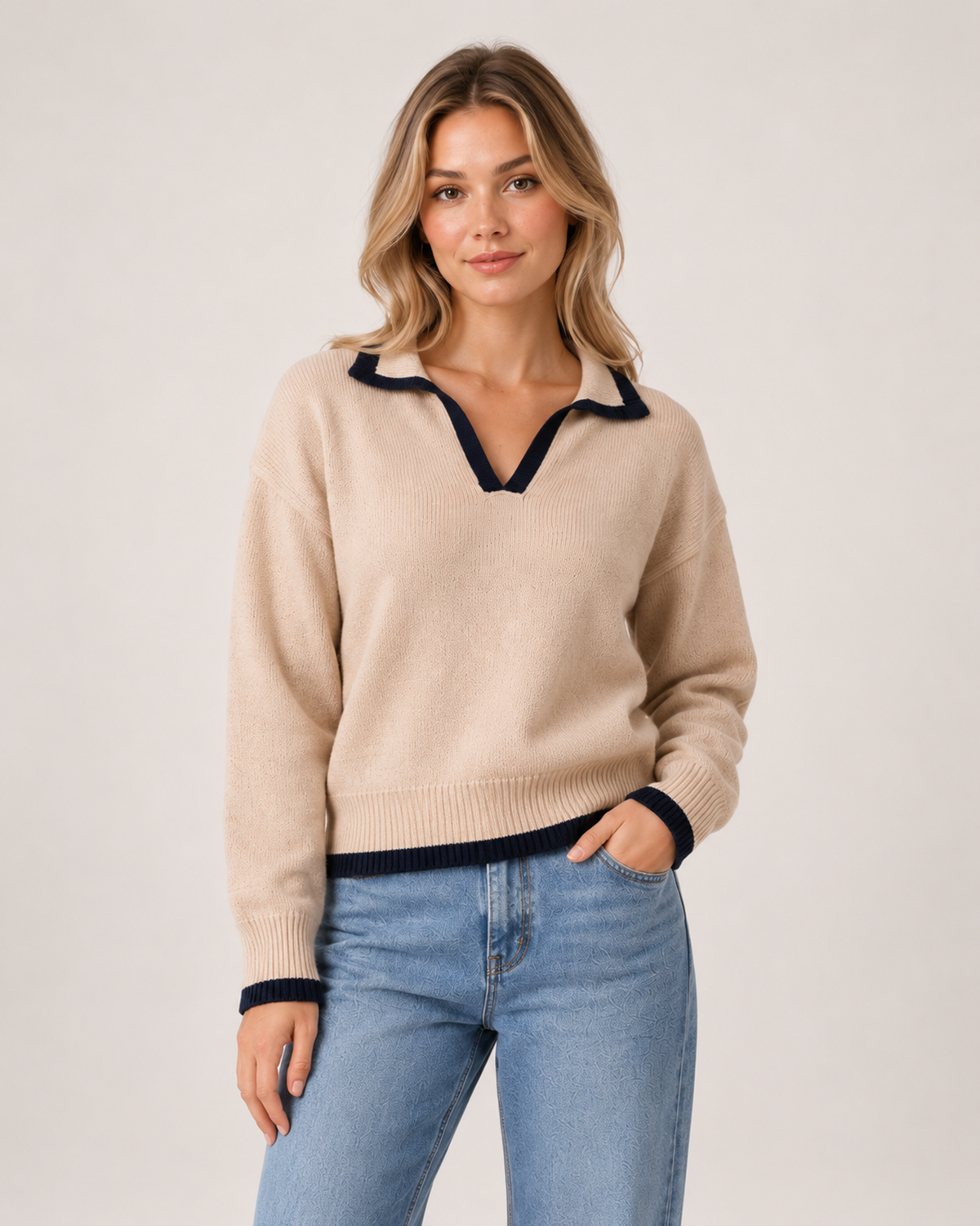 Women's V Neck Collared Knitted Jumper beige front view