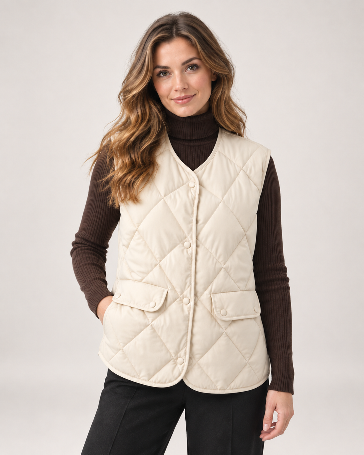 Women's Quilted Gilet with Diamond Design and Patch Pockets beige front view
