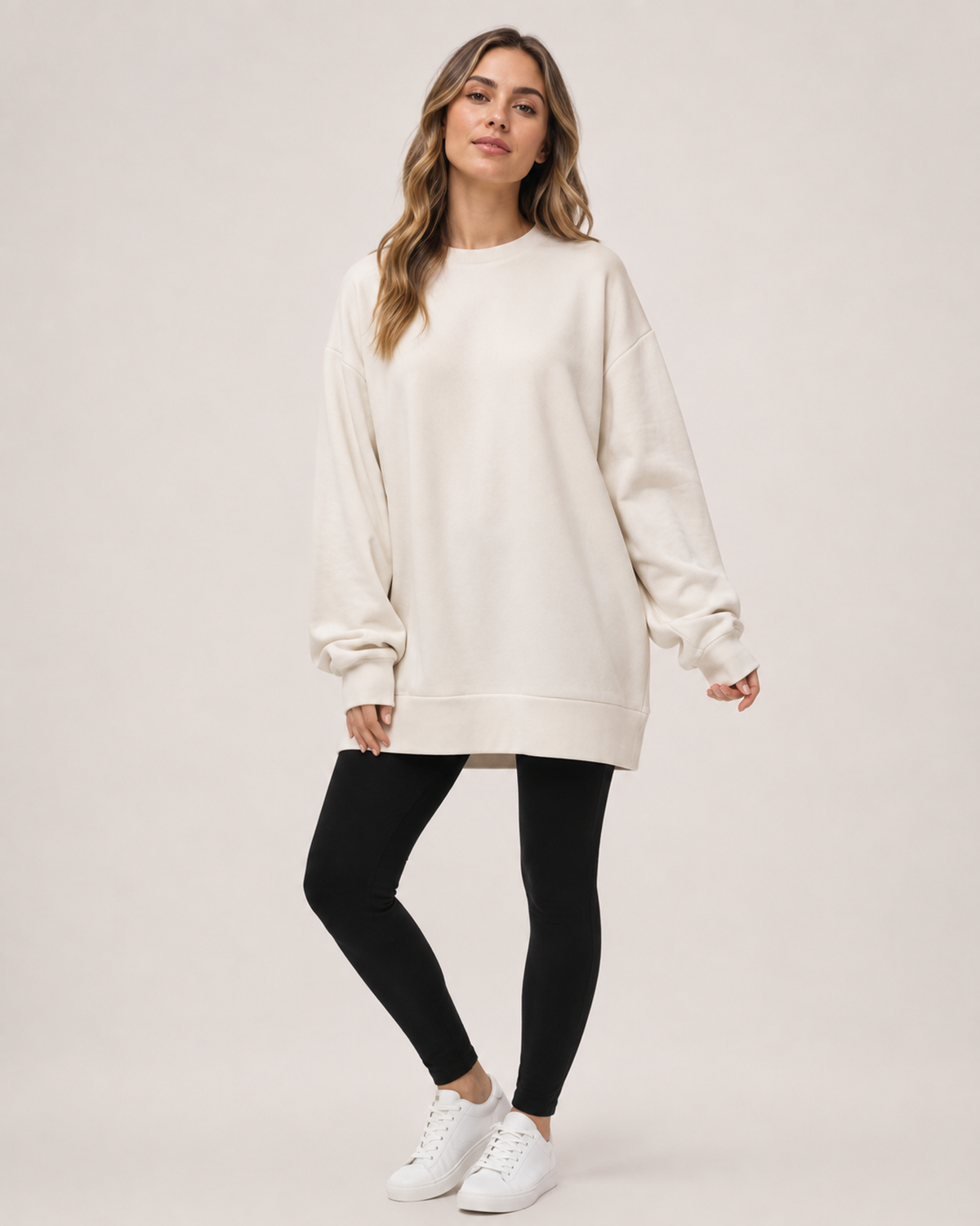 Women’s Oversized Sweatshirt with Crew Neck in Beige, three quarter body view
