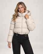 Women’s Puffer Jacket with Hood and Adjustable Hem in Beige, short outerwear product focus view