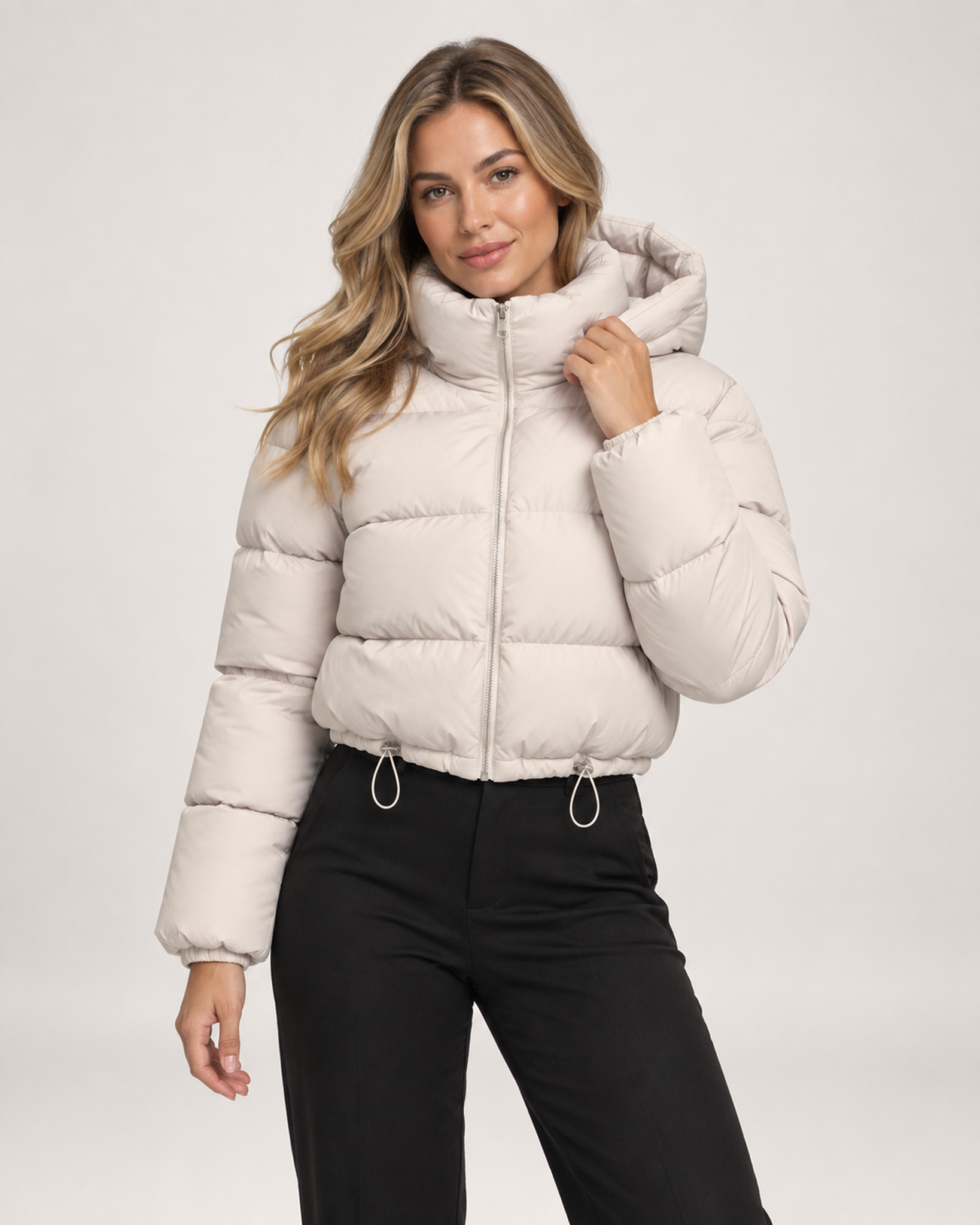 Women’s Puffer Jacket with Hood and Adjustable Hem in Beige, short outerwear product focus view