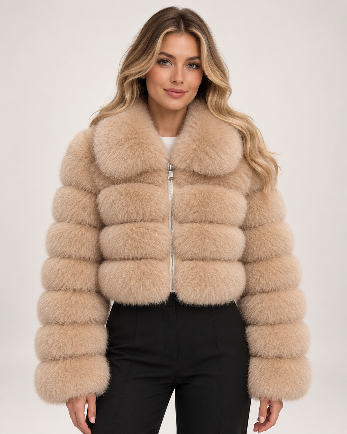 Women’s Faux Fur Jacket with Cropped Shape and Wide Collar in Beige, short outerwear product focus view