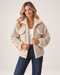Women’s Borg Jacket with Collar and Chest Pockets in Beige, short outerwear product focus view