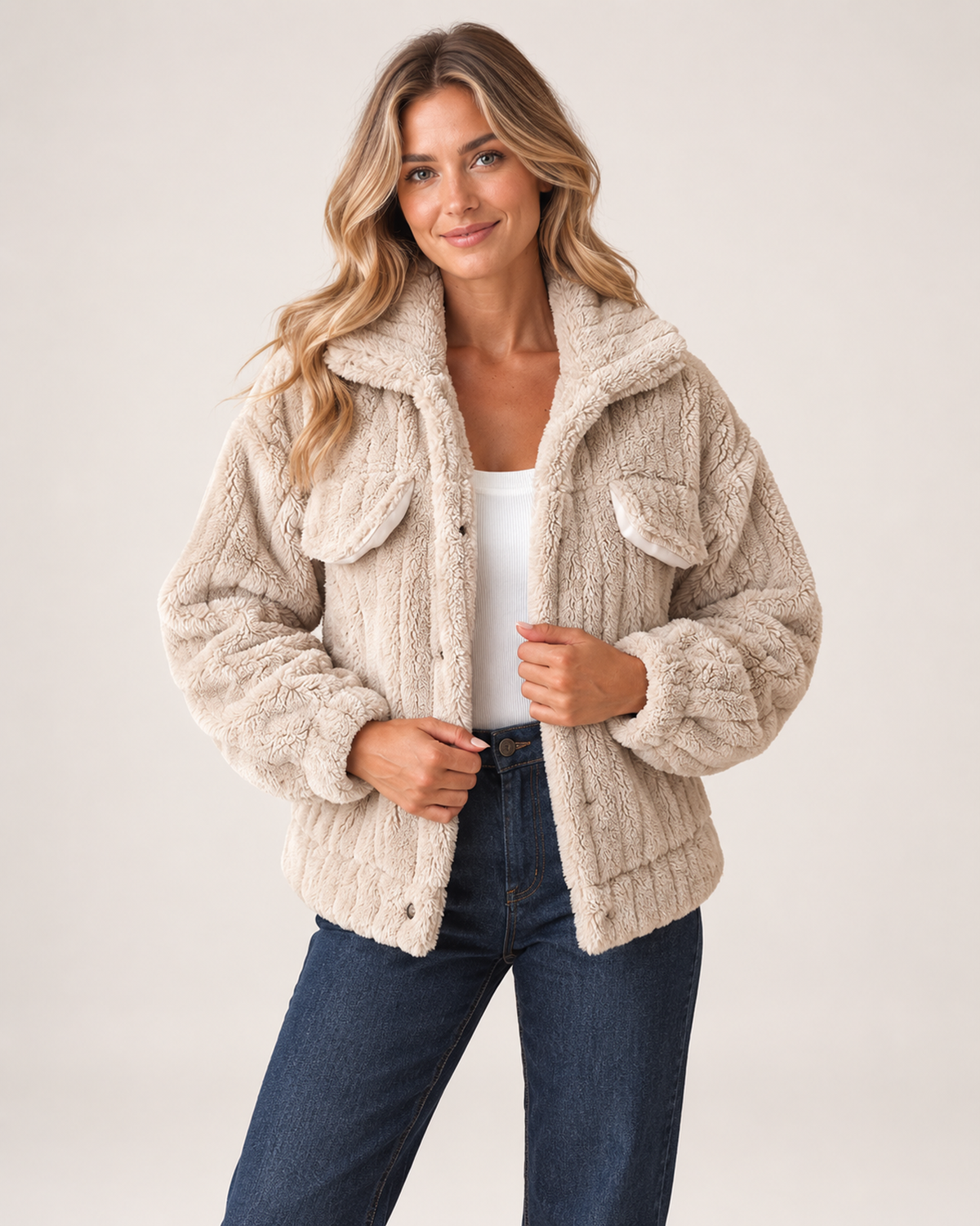 Women’s Borg Jacket with Collar and Chest Pockets in Beige, short outerwear product focus view