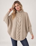 Women’s Cable Knit Jumper with High Neck and Batwing Sleeves in Beige, upper body product focus view