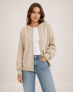 Women’s Balloon Sleeve Cardigan with Buttons in Beige, three quarter body view