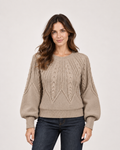 Women’s Cable Knit Jumper with Balloon Sleeves in Beige, upper body product focus view