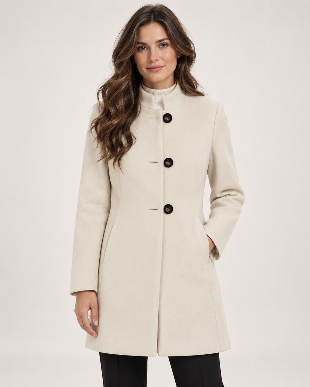 Women’s Mid Length Coat with Collarless Neck in Beige, full body view