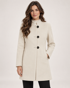 Women’s Mid Length Coat with Collarless Neck in Beige, full body view