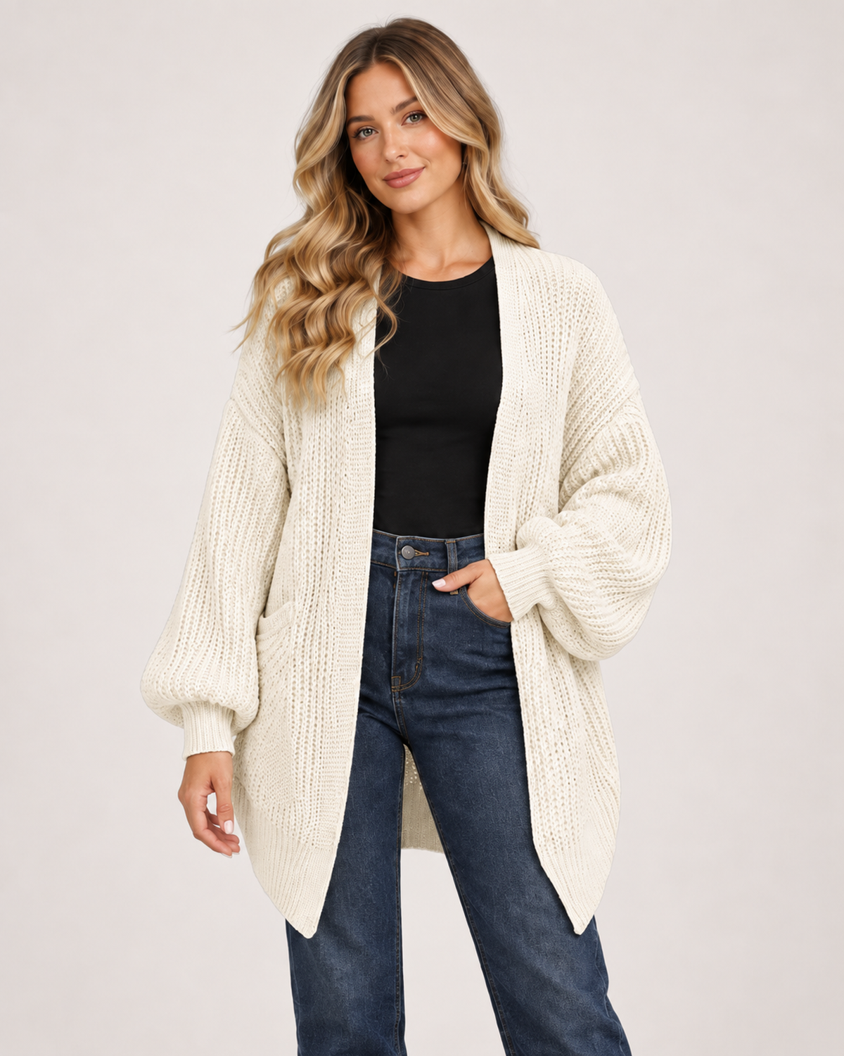Women’s Balloon Sleeve Cardigan with Chunky Knit in Beige, upper body product focus view