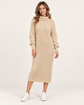 Women’s Jumper Dress with Roll Neck and Ribbed Finish in Beige, full body view