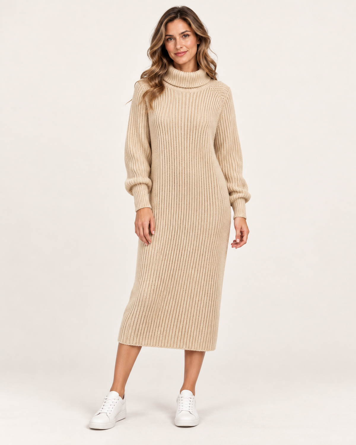 Women’s Jumper Dress with Roll Neck and Ribbed Finish in Beige, full body view