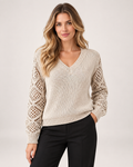 Women’s V Neck Jumper with Openwork Sleeves in Beige, upper body product focus view
