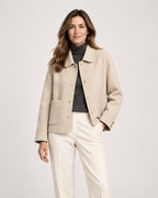 Women’s Short Jacket with Button Front and Patch Pockets in Beige, lower body product focus view