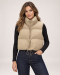 Women’s Puffer Gilet with Cropped Shape and Stand Collar in Beige, short outerwear product focus view