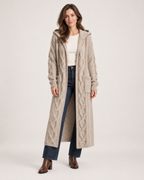 Women’s Long Cardigan with Hood and Cable Detail in Beige, full body view