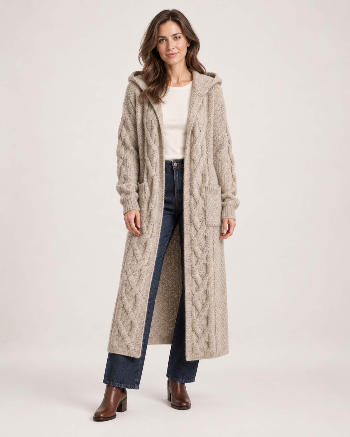 Women’s Long Cardigan with Hood and Cable Detail in Beige, full body view