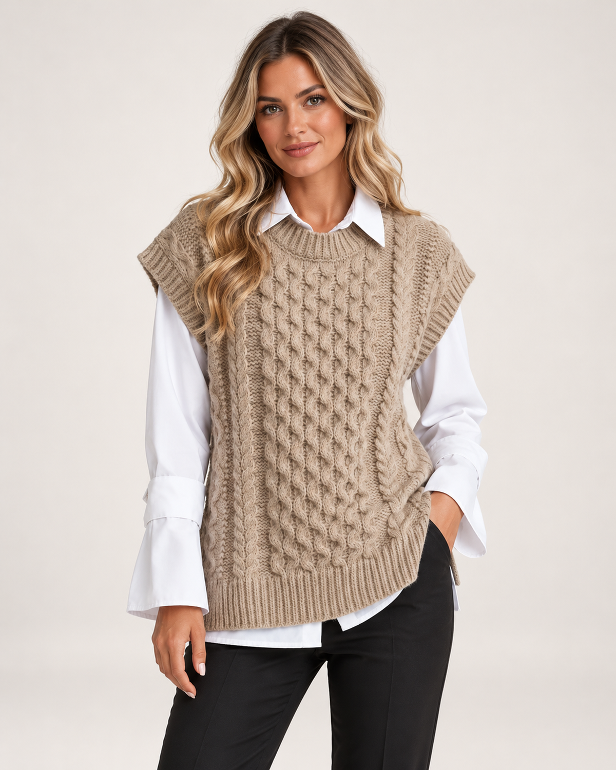 Women’s Knitted Vest with Longline Shape and Cable Detail in Beige, lower body product focus view