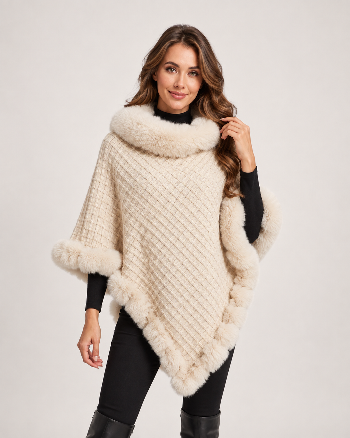 Women’s Cape Coat with Faux Fur Trim in Beige, short outerwear product focus view