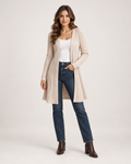 Women’s Longline Cardigan with Open Front in Beige, full body view