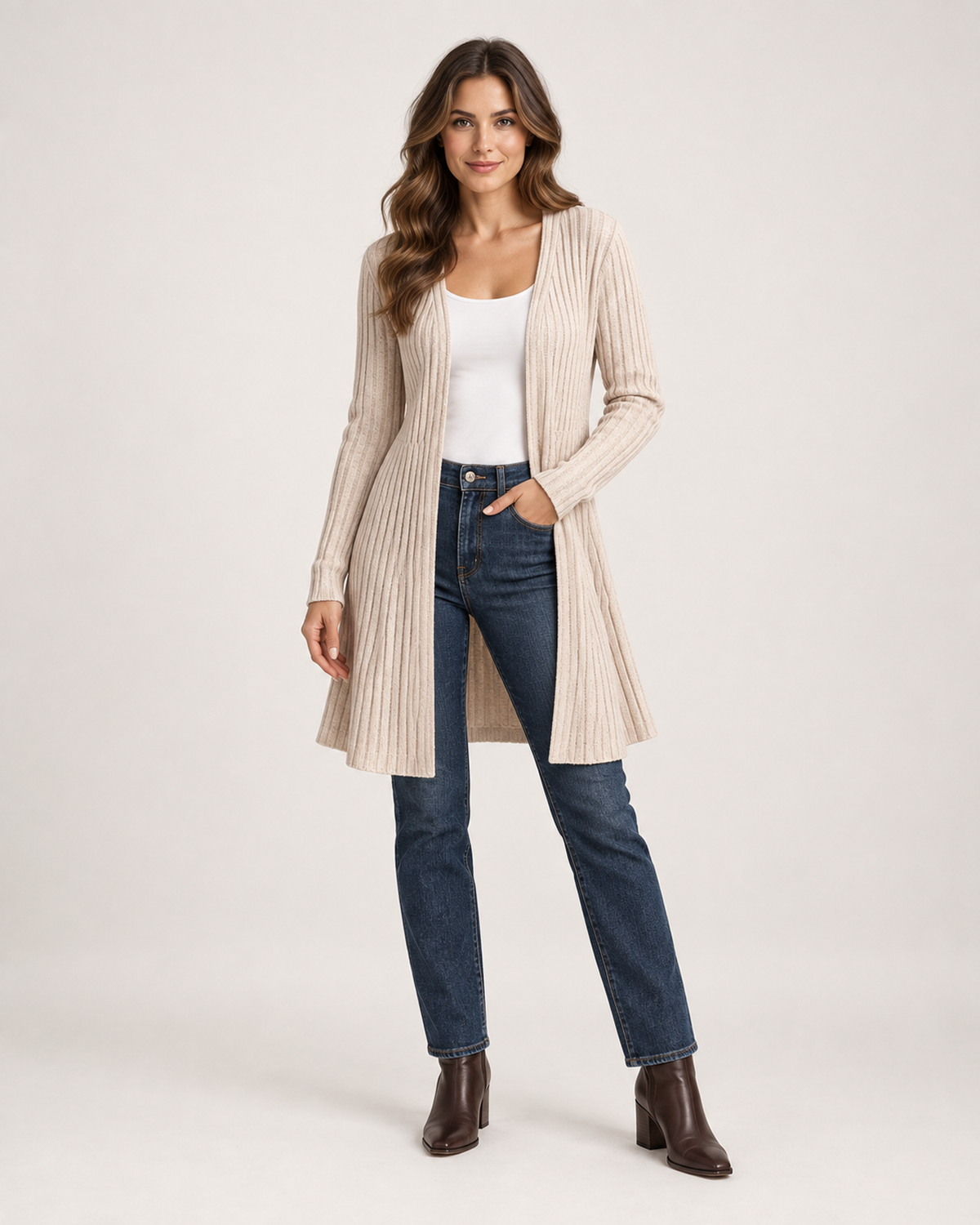 Women’s Longline Cardigan with Open Front in Beige, full body view