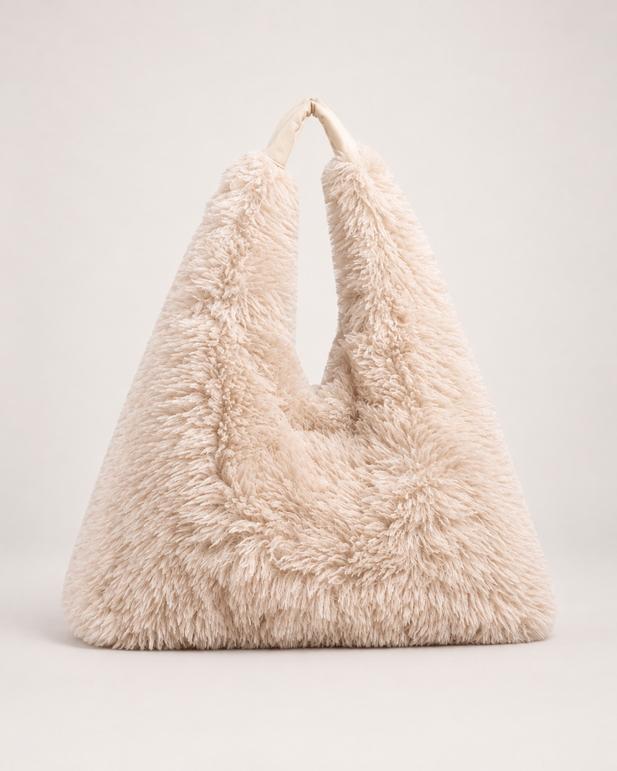Women’s Fluffy Tote Bag with Wide Shoulder Strap in Beige, product only view