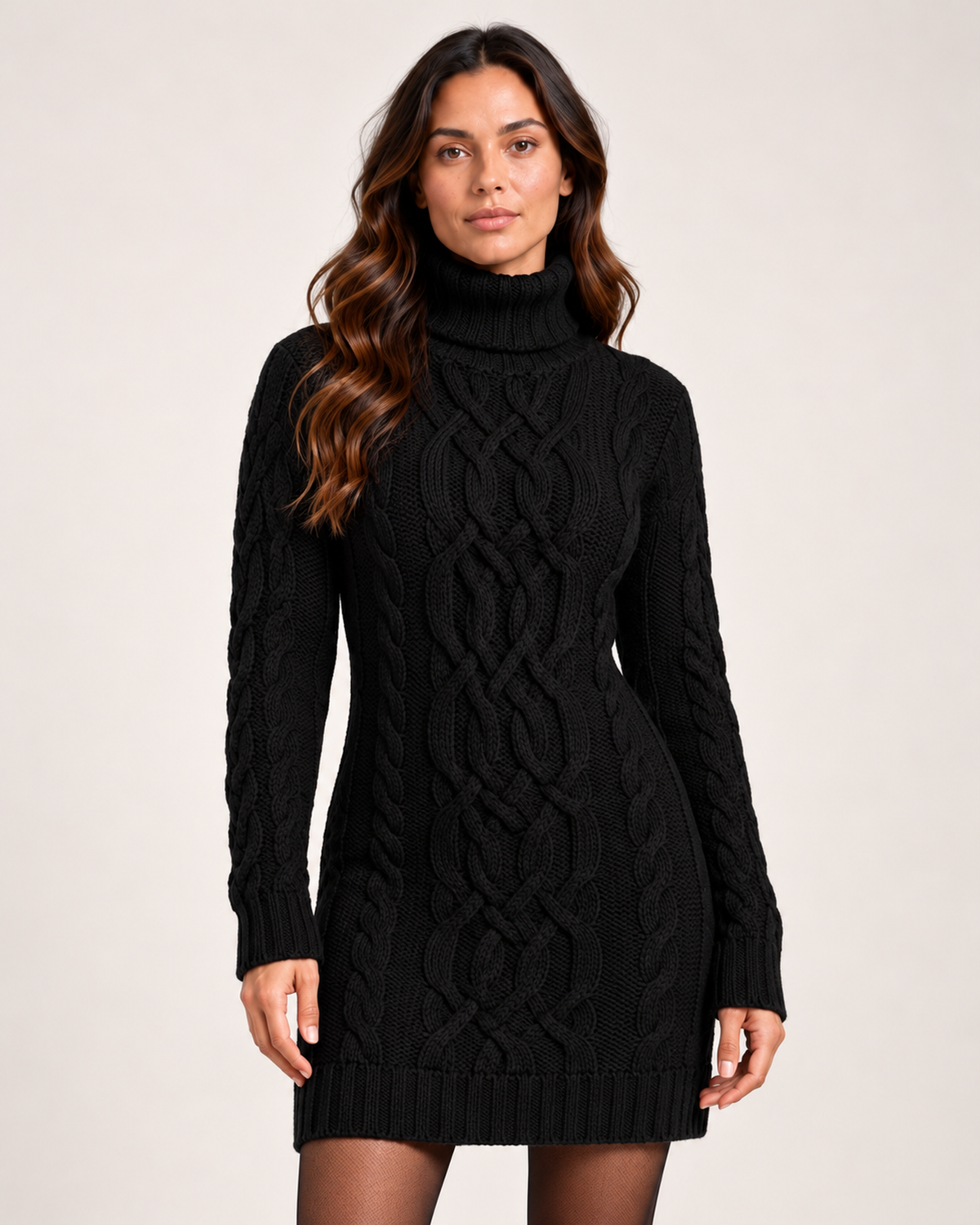 Women's black cable knit roll neck jumper dress front view
