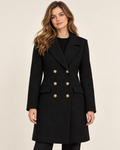Women's black double breasted lapel coat front view
