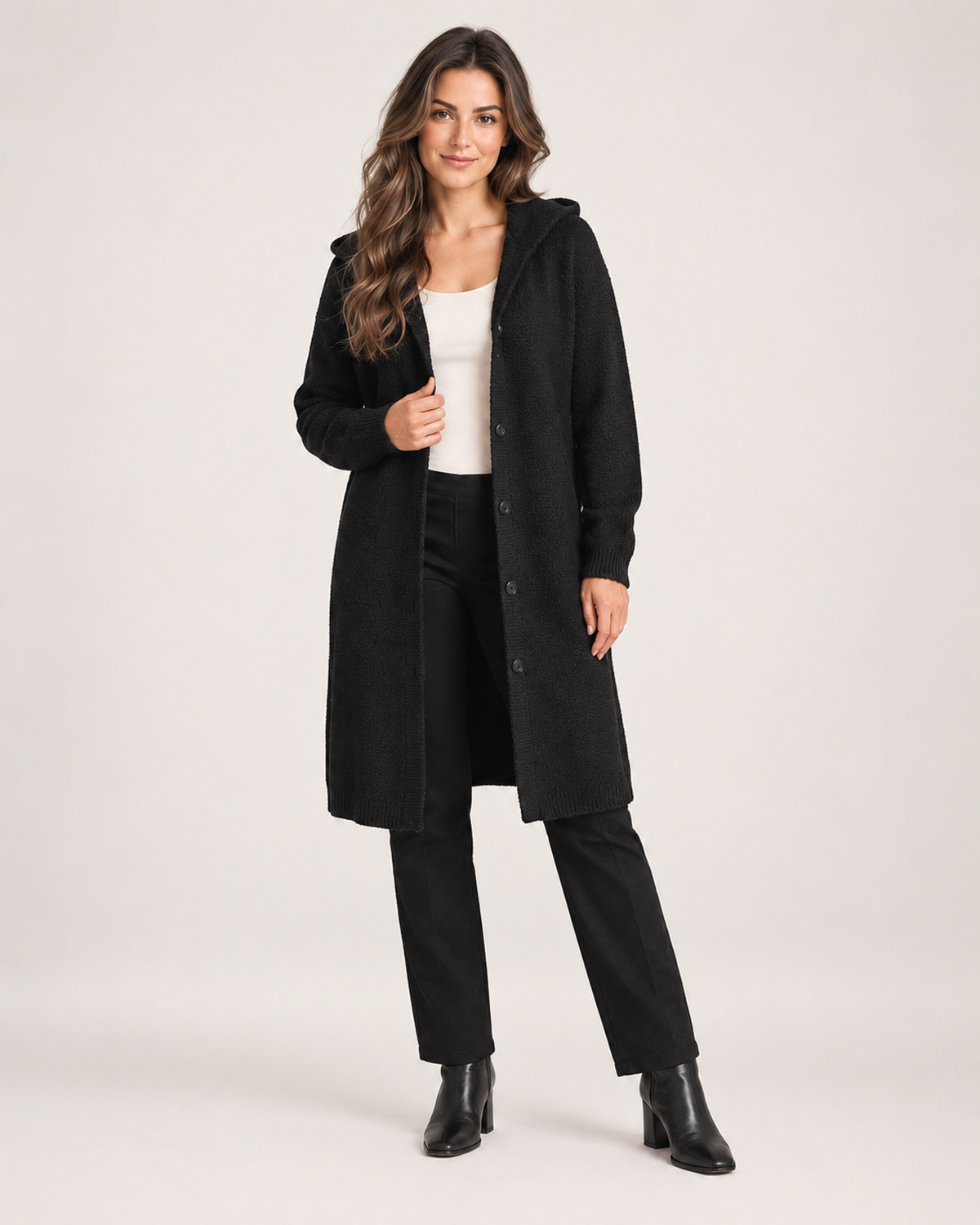 Women's Longline Cardigan with Hood and Button Front black front view