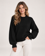 Women's Crew Neck Jumper with Balloon Sleeves black front view
